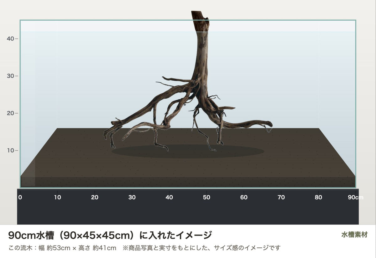 エレファントウッドXL #39を90cm水槽（90×45×45cm）に入れたサイズ感のイメージ