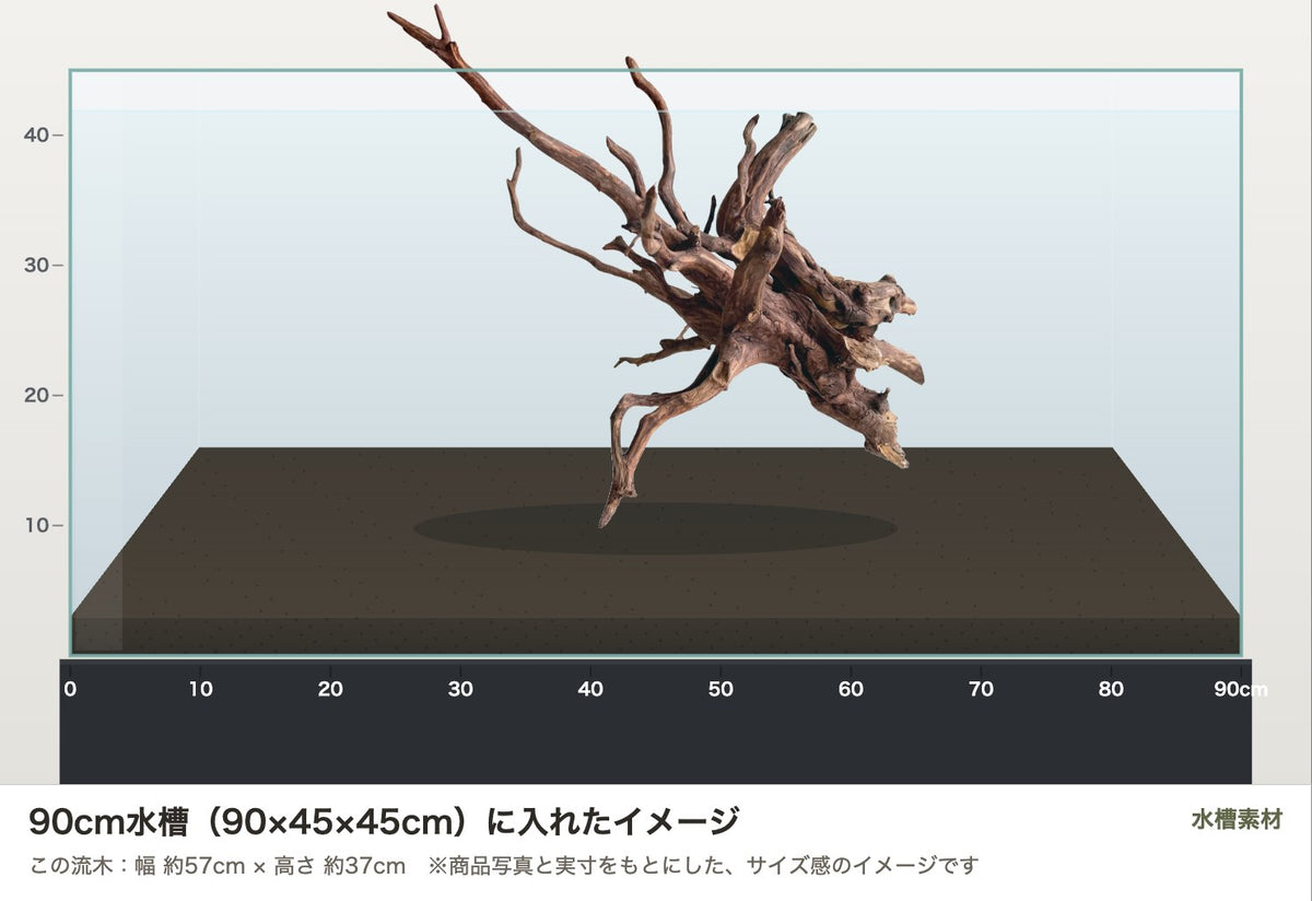 エレファントウッドXL #44を90cm水槽（90×45×45cm）に入れたサイズ感のイメージ