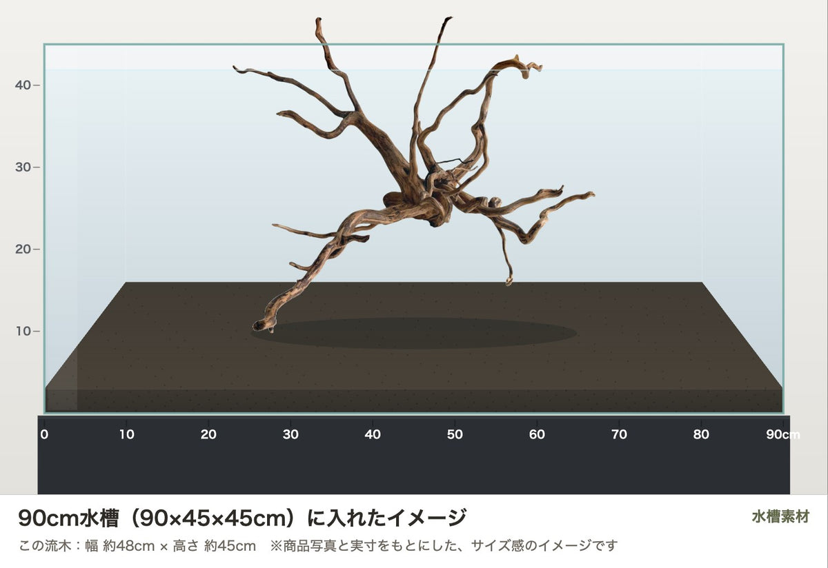エレファントウッドXL #46を90cm水槽（90×45×45cm）に入れたサイズ感のイメージ